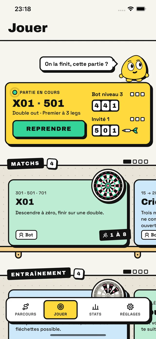 L'onglet Jouer : la partie en cours contre le bot à reprendre, et les modes de jeu en cartes