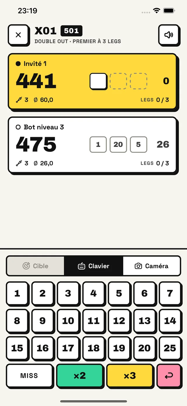 Un match X01 contre le bot, avec le clavier de saisie